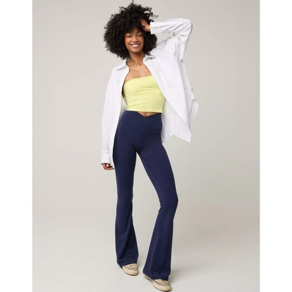 Offline Aerie women's small navy blue high waisted crossover flare legging pants